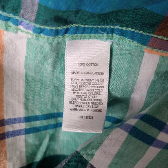 Express Shirt Mens Large Green Blue Orange Plaid Fitted Button Down Short Sleeve - Picture 4 of 8